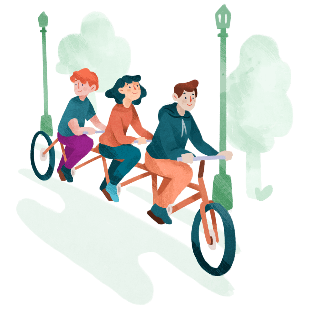 Illustration of a young people riding a very long bicycle